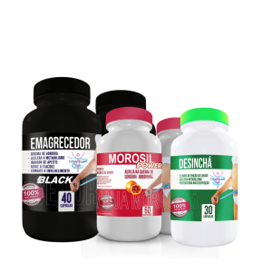 Pote do emagrecedor Black (40 comprimidos) + Pote do Morosil (60 comprimidos) + Pote do Desincha (30 comprimidos)